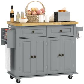 Rolling Kitchen Island with Rubber Wood Top, Spice/Towel Rack, Storage Drawers, Mobile Cart for Dining Room, Gray