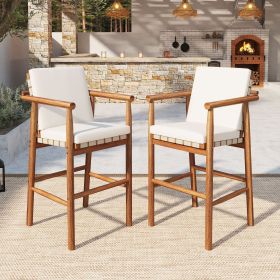 Outdoor Counter Height Bar Stools Chair Set of 2, Modern Patio Acacia Wooden Stools with Backrest Arm and Webbing Seat, for Patio, Pool, Garden